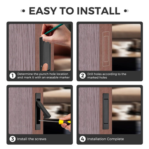 Installation steps for Matte Black Flush Mount Pocket Door Pull Handle With Edge Pull, showing marking, drilling, and screwing process.