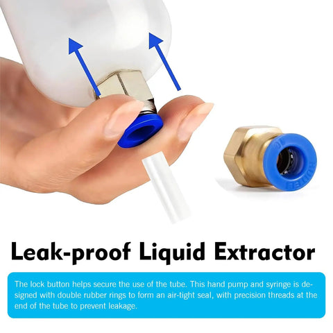 Close-up of Power Steering Fluid Extractor And Refill Pump Kit, 200cc Manual Suction And Injection Tool with lock button and hoses.