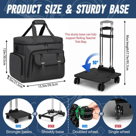 Detachable Wheels Rolling Teacher Tote Bag For Women And Men with 15.6 Inch Laptop Compatibility, sturdy base & size details