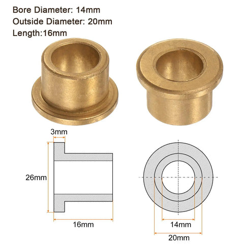 Two Pack Flanged Bronze Sleeve Bearings 14mm x 20mm x 16mm Oilless Bushing For Machinery Gold Finish, shown with dimensions