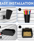 Slatwall Organizer Kit 28 Piece Set With Hooks In 4 6 And 8 Inch Sizes Bins Baskets Cups And Screwdriver Holders For Garage Or Workshop Tool Storage Black, featuring cup and bin installation.
