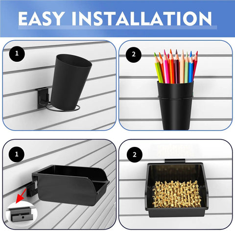 Slatwall Organizer Kit 28 Piece Set With Hooks In 4 6 And 8 Inch Sizes Bins Baskets Cups And Screwdriver Holders For Garage Or Workshop Tool Storage Black, featuring cup and bin installation.