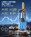 X9 Apex Portable Tire Inflator Cordless Pump With 150 PSI and cars, bikes, ball against a lightning themed background