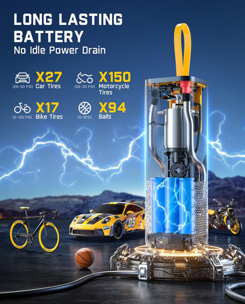 X9 Apex Portable Tire Inflator Cordless Pump With 150 PSI and cars, bikes, ball against a lightning themed background