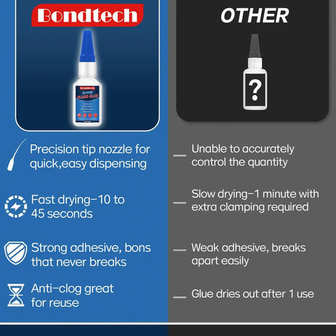 Comparison chart showing Bondtech clear glass glue and other glue for repair and bonding, highlighting features and differences.