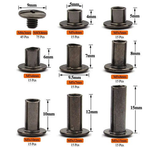 Rock Solid 120 Piece Chicago Screws Assorted Kit With Eight Mixed Screw Rivet Sizes Featuring Phillips Head Gun Metal Finish For Heavy Duty Leather Crafting And Quick Fix Diy Tool Chest Extras, assorted screw rivets with varying sizes.