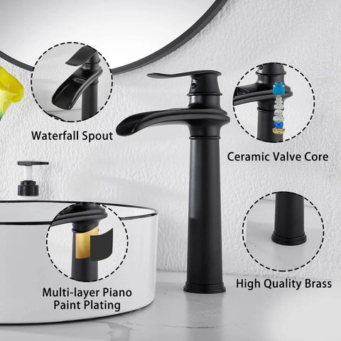 Matte Black Farmhouse Vessel Sink Faucet With One Hole, Tall Above Counter Waterfall Style with ceramic valve core features