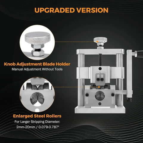 Upgraded Mini Drill Powered Wire Stripper Hand Crank Wire Stripping Machine showing knob adjustment and steel rollers