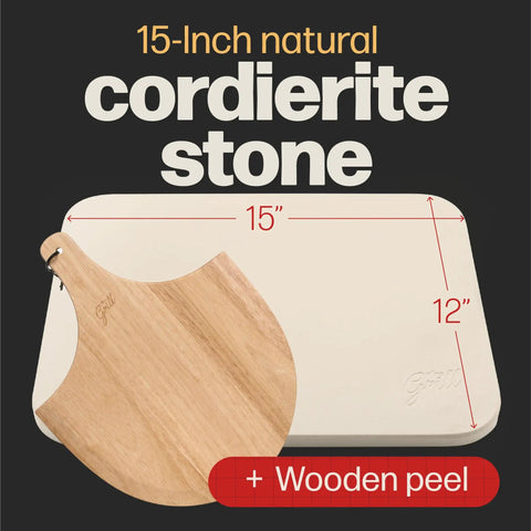 Rectangular Pizza Stone For Oven And Grill With Free Wooden Peel, Extra Large 15 By 12 Inch Cordierite Stone and peel shown