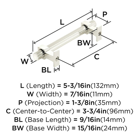 Carrigan Polished Nickel Cabinet Pull Three And Three Quarters Inch Center To Center 96mm dimensions diagram