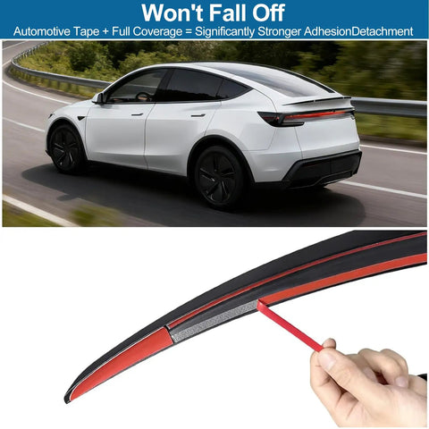 Precision Fit No Drill Rear Trunk Spoiler For Tesla Model Y Juniper 2025 2026 Upgrade showing installation detail with automotive tape.