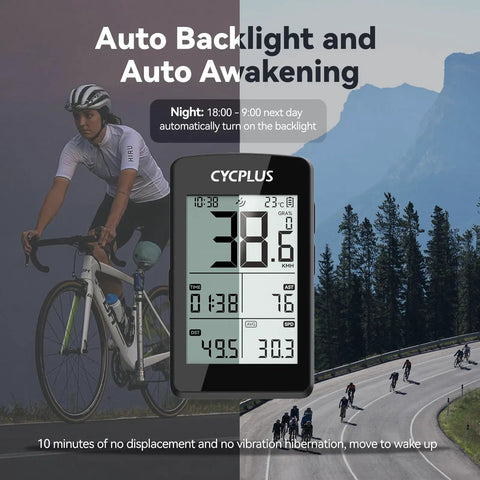 Wireless GPS Bike Computer with ANT Plus and Bluetooth, 2.8 inch screen, IP67 waterproof, shown with cycling background