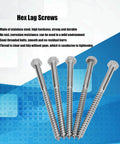 Stainless Steel Half Thread Wood Hex Lag Screws Self Tapping Fasteners For Carpentry Built Tough With High Hardness And Durability DIN 571 Standard M8 130Mm Ideal For Wood Houses Roofs Decking And Framing Projects displayed with text highlighting features