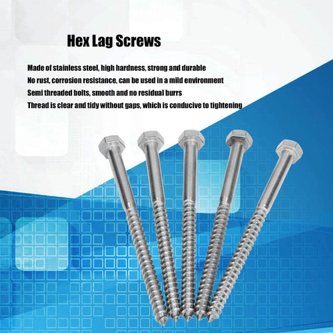 Stainless Steel Half Thread Wood Hex Lag Screws Self Tapping Fasteners For Carpentry Built Tough With High Hardness And Durability DIN 571 Standard M8 130Mm Ideal For Wood Houses Roofs Decking And Framing Projects displayed with text highlighting features