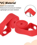 Red PVC rim strips with rounded edges and perforations, labeled as waterproof and lightweight, highlighting material properties.