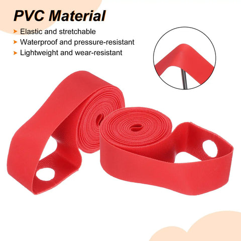Red PVC rim strips with rounded edges and perforations, labeled as waterproof and lightweight, highlighting material properties.