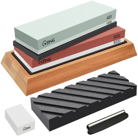 All In One Knife Sharpening Kit With Dual Grit Wet Stone System 400 1000 And 3000 8000 Flattening Stone Angle Guide Non Slip Bamboo Base