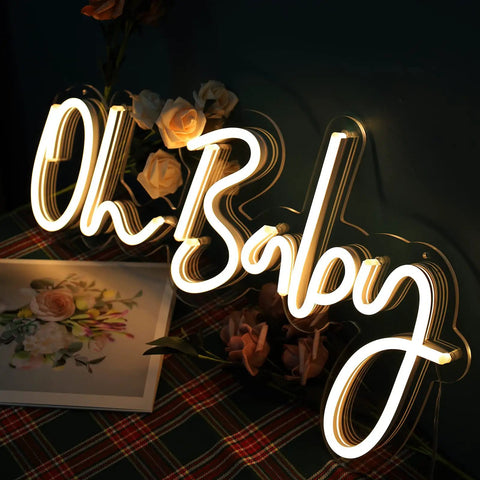 Oh Baby Neon Sign White LED Wall Decor With Dimmable Brightness And Plug In Power Adapter Perfect Nursery Night Light