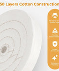 Close-up of 8 Inch Heavy Duty Cotton Buffing Wheels 2 Pack 50 Ply showing 50 layers for stable polishing.