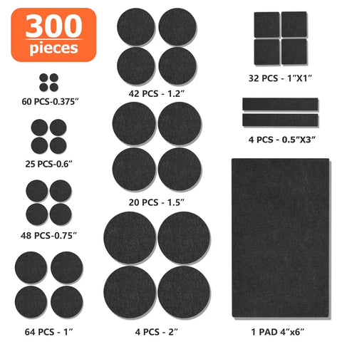 Legit Heavy Duty Felt Furniture Pads 300 Piece Pack Black, various sizes, for glide sliders on hardwood and laminate floors.