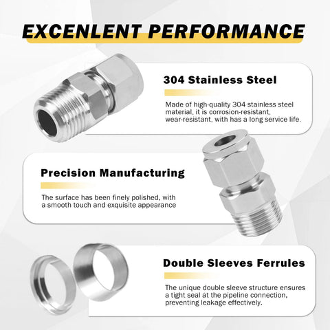 Yoebor 304 stainless steel compression tube fitting straight adapter, 3/8 in OD x 3/8 in NPT male, pack of 2.