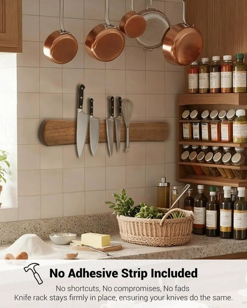 Magnetic Knife Holder For Wall And 16 Inch Acacia Wood Knife Strip with knives and tools in kitchen setting