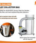 70 Gallon Heavy Duty Dust Collector Bag for Woodworking, shown with dust collector machine and vented design for debris capture