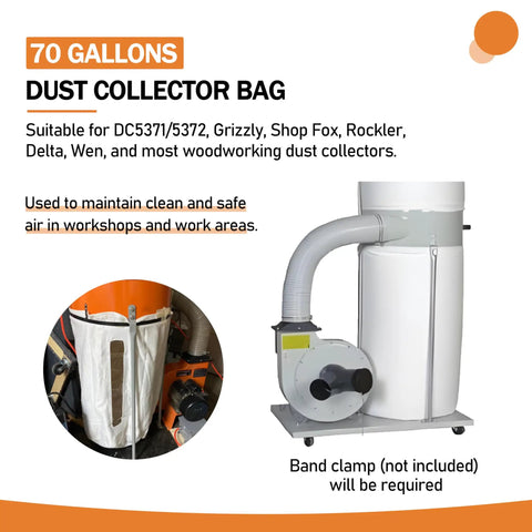 70 Gallon Heavy Duty Dust Collector Bag for Woodworking, shown with dust collector machine and vented design for debris capture