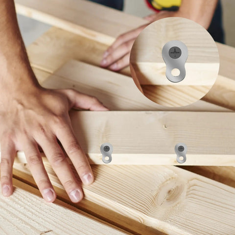 Boss Level Figure Eight Fastener Clips 20 Pack Heavy Duty Steel Desk Connectors Plus Nickel Hardware Built Tough For No Sweat Setup And Next Level Hold Premium Finish shown on wooden boards during assembly.