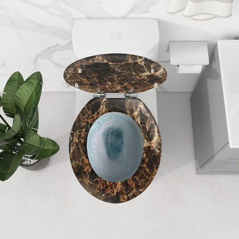 Replacement Round Toilet Seat with Quiet Close for Bathroom, brown marble design, top view, fits most toilets 14.5" x 16.5".