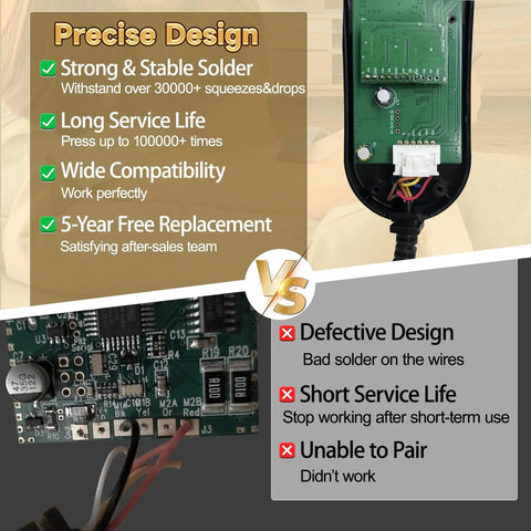 Comparison of internal components of 5 Pin Lift Chair Remote For Two Motor Golden And Ultra Comfort Chairs With 11 Button Layout Sit Or Home Button Replacement Hand Controller and a defective controller.