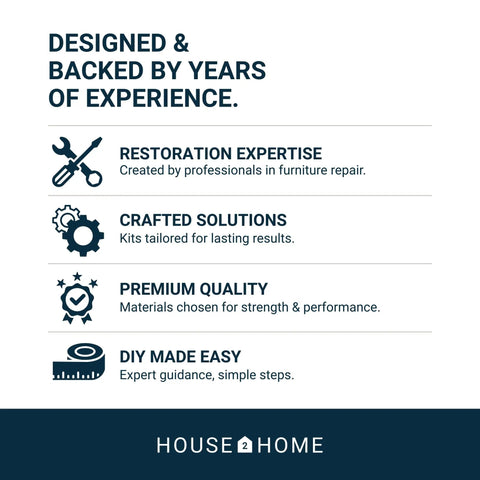 Infographic highlighting restoration expertise, crafted solutions, premium quality, and DIY instructions for furniture repair.