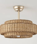 Aevikvioa 20" 3-Tier Boho Fandelier Ceiling Fans with Lights, Rattan Caged Ceiling Fan with Lights and Remote Control, Farmhouse Bladeless with 6 Speeds for Bedroom Kitchen, Gold Tiered Fandelier close-up view.