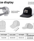 Size chart for breathable washed distressed low profile trucker hat for women, including brim length, brim width, and max circumference.