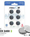 Straight Up Reliable Cr2450 Lithium Coin Cell Battery 3 Volt Dc Power Dl2450 shown in a 6 pack for watches and key fobs.