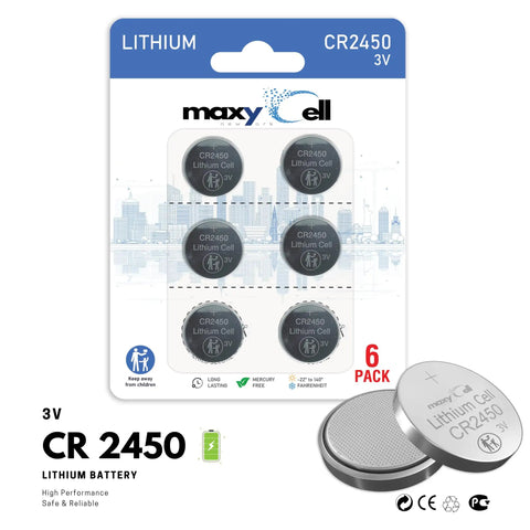 Straight Up Reliable Cr2450 Lithium Coin Cell Battery 3 Volt Dc Power Dl2450 shown in a 6 pack for watches and key fobs.