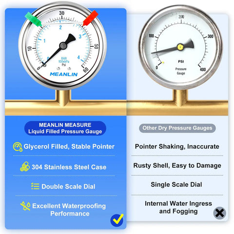 Heavy Duty Stainless Steel Liquid Filled Pressure Gauge 0 To 60 Psi, 2 1/2 Inch Dial, 1/4 NPT Thread comparison with others