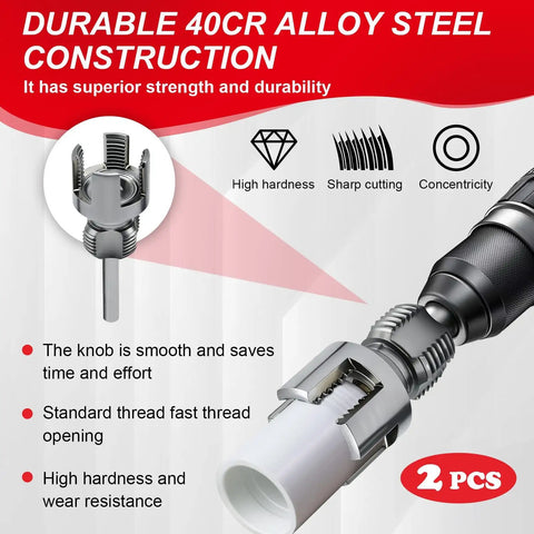 PVC Pipe Threader For Electric Drill With Dual Function Internal And External Threading In One Pass Half Inch And Three Quarter Inch NPT Alloy Steel Dies Ideal For Plumbing Gas And Industrial Pipes shown in use on pipe