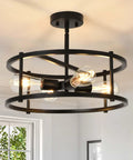Black Semi Flush Mount Ceiling Light With Four Lights For Dining Room Kitchen And Bedroom Dope Vintage Farmhouse Industrial Close To Ceiling Chandelier For Sloped Ceilings Durable Metal Fixture, installed view