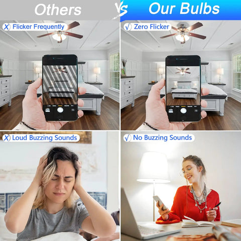 Comparison showing benefits of 8 Pack E12 Ceiling Fan Light Bulbs 60W Equivalent LED Candelabra Bulbs Kickin Bright Daylight White 5000K