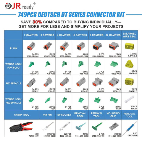 Deutsch DT Connector Kit Bundle With IP68 Waterproof 2 3 4 6 8 12 Pin Plugs 16 AWG Stamped Contacts chart and crimp tool