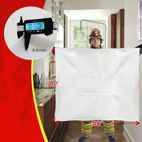 Firefighter holding 40x40 inch emergency fire blanket, showcasing thickness and material. Emergency Fire Blankets For Home Kitchen And Office 4 Pack 40x40 Inches Flame Retardant Safety Blanket Set.