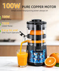 Keerain Automatic Electric Citrus Juicer With Dual Cones, One Touch Easy Operation Machine, orange juice pouring into glass.