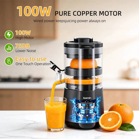 Keerain Automatic Electric Citrus Juicer With Dual Cones, One Touch Easy Operation Machine, orange juice pouring into glass.