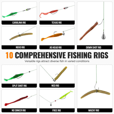 264 Piece Fishing Accessories Kit With Organized Tackle Box Includes Weights Sinker Jig Hooks Swivels Beads Nails Drop Shot Weights Bullet Weights And 10 Ready To Go Rigs For Bass And Trout features 10 diverse fishing rigs image