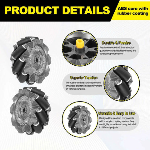 66mm Omnidirectional Mecanum Wheels Set With Hex Pins And Screws, ABS rubber, durable precision design, multi-directional movement