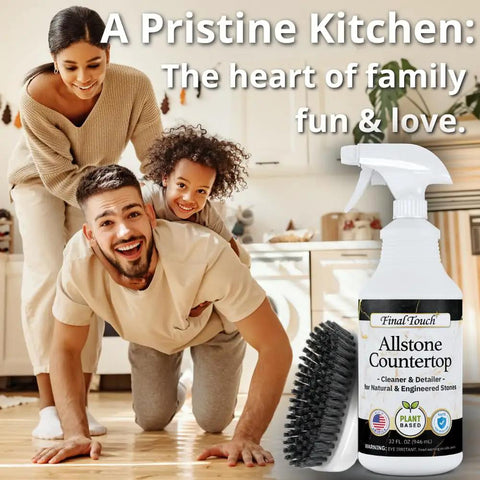 Family enjoying kitchen with AllStone Countertop Cleaner Plant Based Stone Safe Daily Use Spray With Scrub Brush.