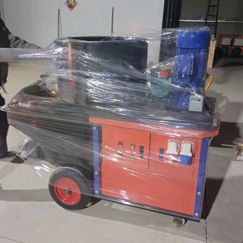 Heavy Duty Construction Wall Render Spraying Machine wrapped for transport, featuring controls and wheels for mobility.