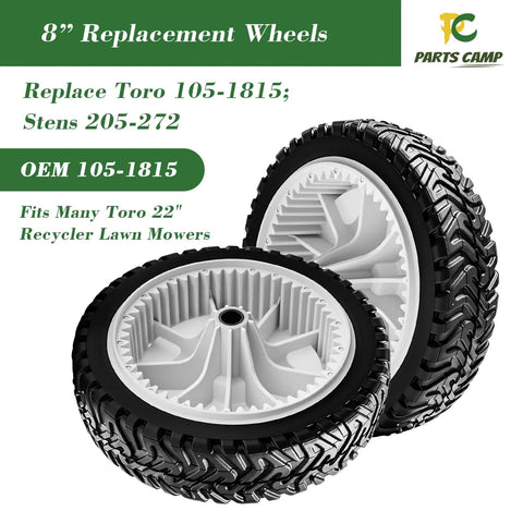 Two Heavy Duty Replacement Front Drive Wheel Gear Assemblies For Toro 22 Inch Recycler Lawn Mower Fits Multiple 20001 Through 20111 Models Pack Of Two, showing detailed tread pattern and hub design of the wheels.