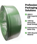 Heavy Duty Green Polyester Strapping Roll For Solid Pallet Securing 5/8 Inch Wide By 4000 Feet Long Yields 1400 Lbs Break Strength plus embossed grip